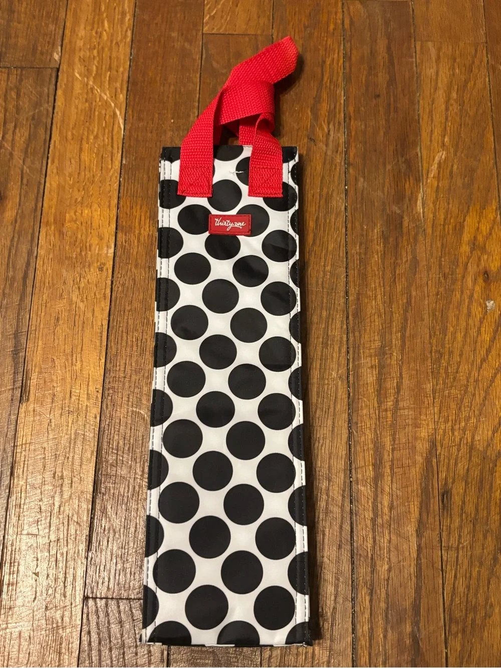 Thirty-One Black Polka Dot Wine Bottle Tote with Red Handle